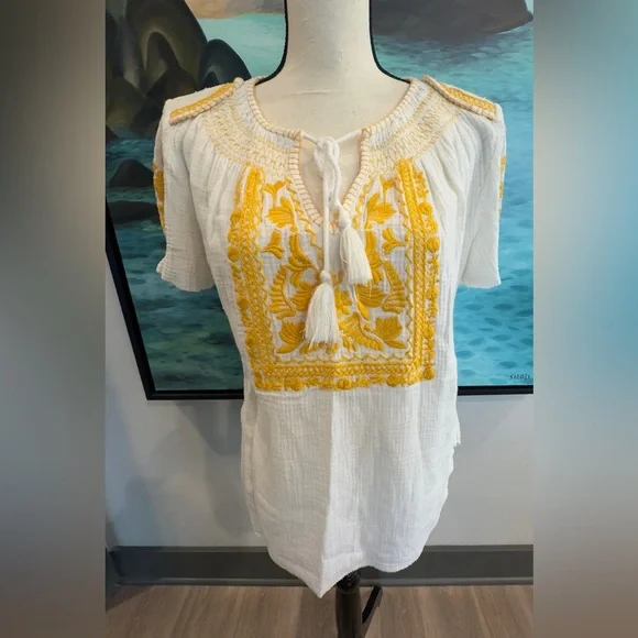 White and Yellow Tie Front Embellished Blouse - Picture 2 of 8